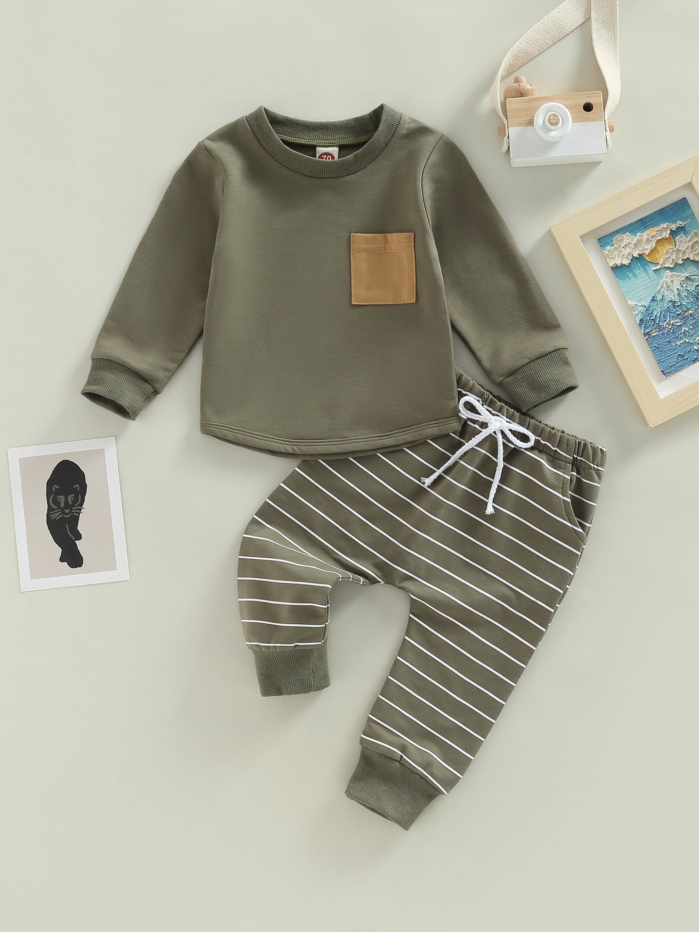 Long Sleeve Hooded Baby Striped Pattern Children Set