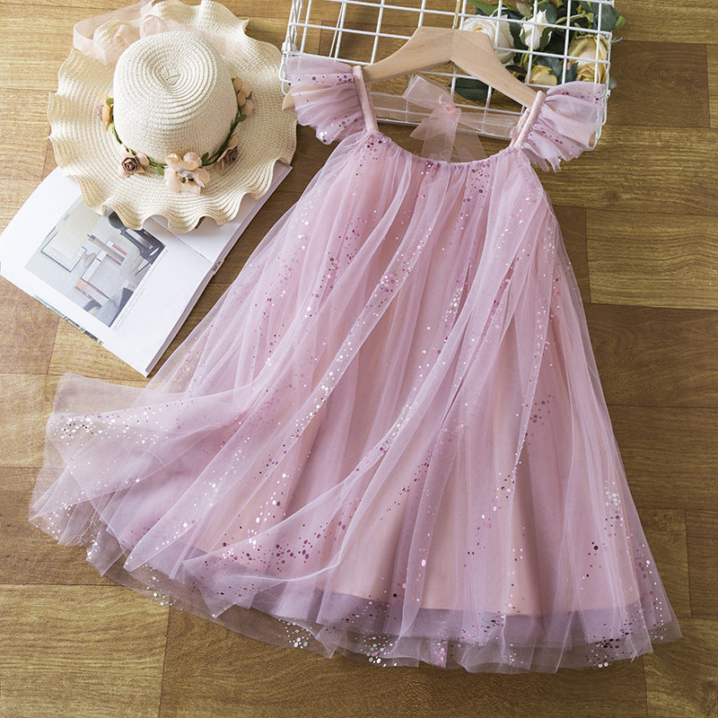 Girls Flounced Sleeve Dress Cute Star Mesh