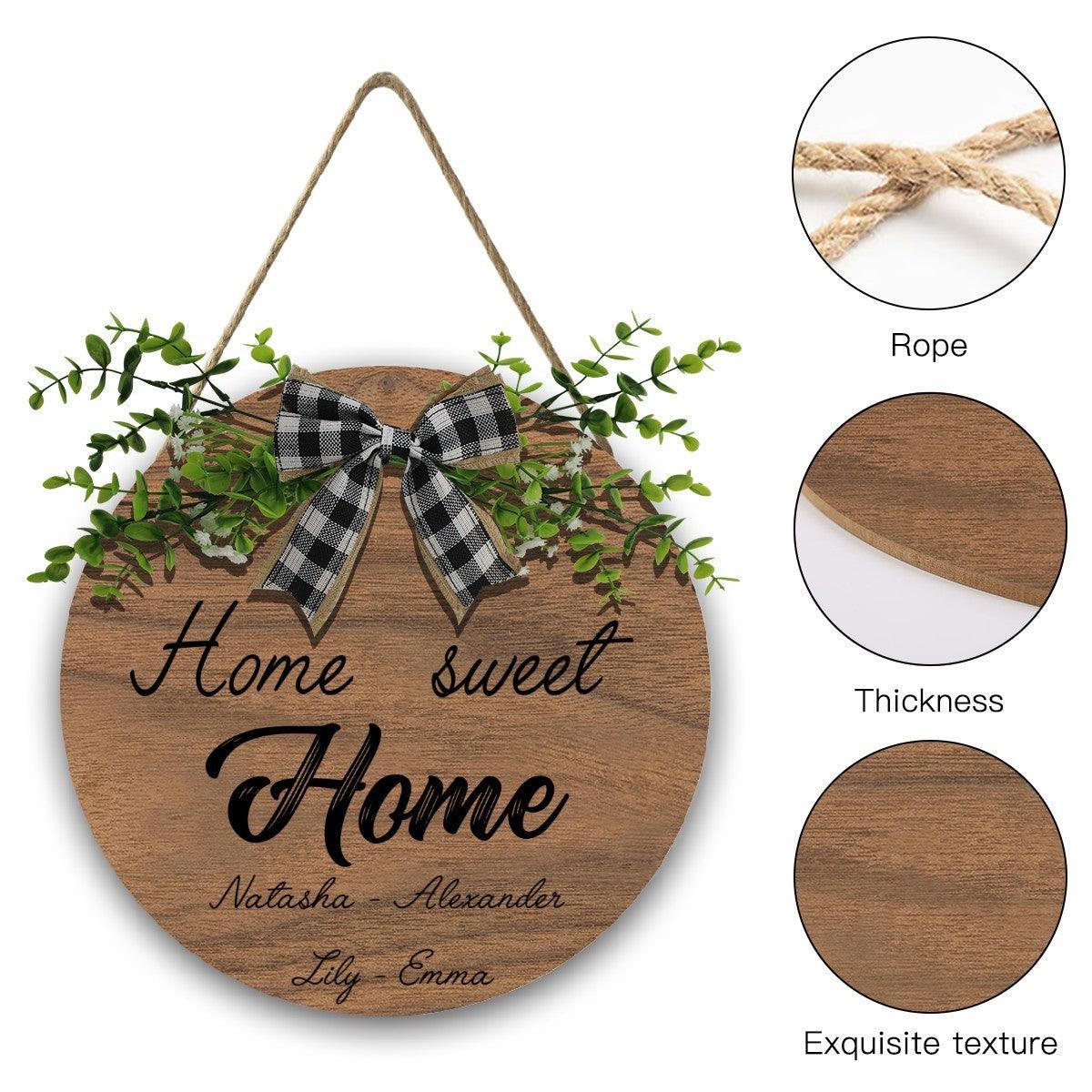 Personalized Home Sweet Home Round Wooden Sign | Custom Names | Gingham Bow & Greenery