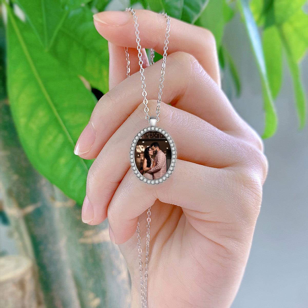 Custom Photo Oval Pendant Necklace | Crystal Scalloped Border | Personalized Silver Gift