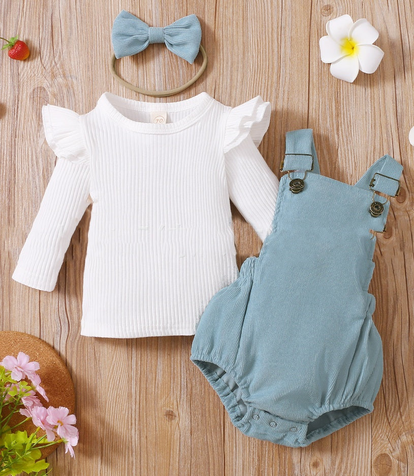Solid Color Sunken Stripe Top and Suspender Pants Set