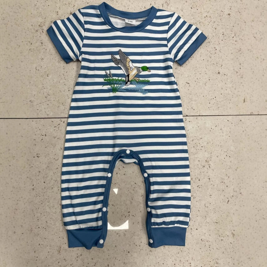 Short Sleeve Striped Embroidery Pattern One-piece - Cindi Book