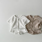 Baby Boy And Baby Girl Striped Knitted Short-sleeved Cardigan Coat Shorts Two-piece Set - Cindi Book