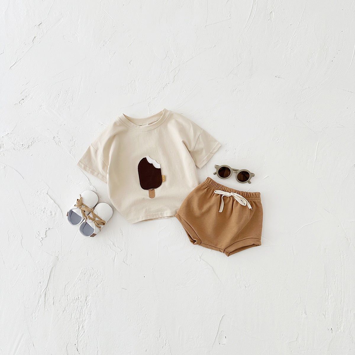 Girls' Casual Round Neck Cotton Ice Cream Patch Short Sleeve Shorts Suit - Cindi Book