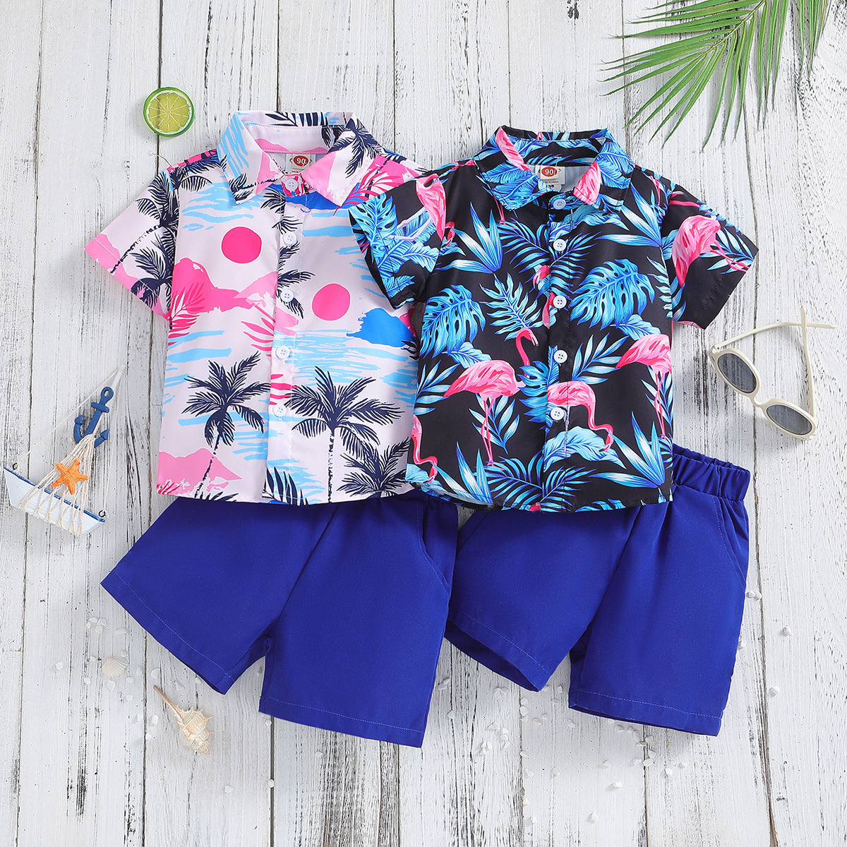 Summer New Boys Short Sleeve Printed Shirt and Shorts Two-Piece Set