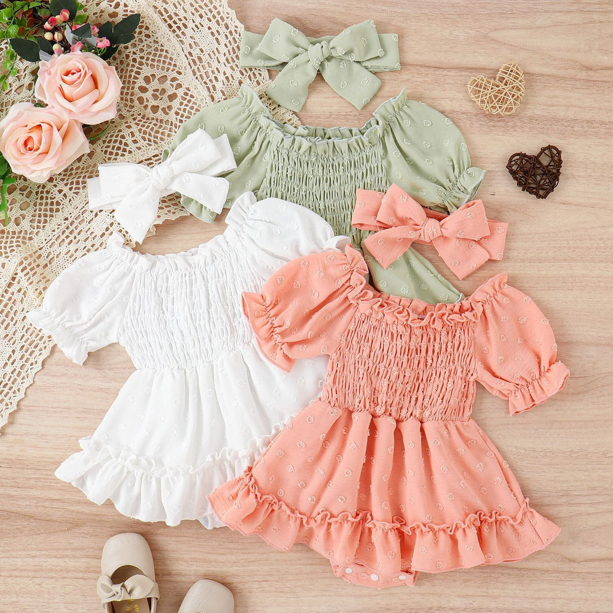 Three-color Jacquard Skirt Cute Puff Sleeve One-piece Rompers Jumpsuit With Headscarf - Cindi Book
