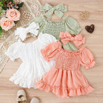 Three-color Jacquard Skirt Cute Puff Sleeve One-piece Rompers Jumpsuit With Headscarf - Cindi Book