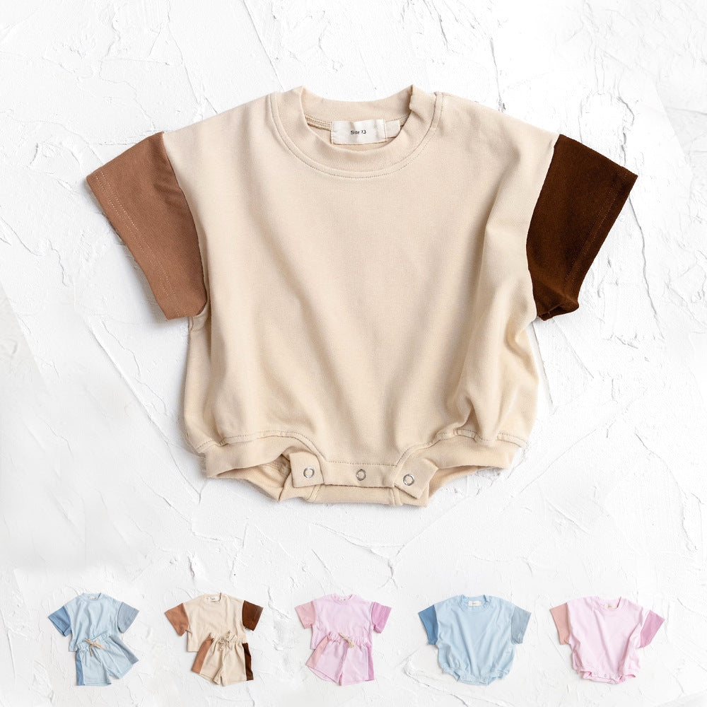 Baby Boy Solid Color Stitching Triangle Short-sleeved Jumpsuit - Cindi Book