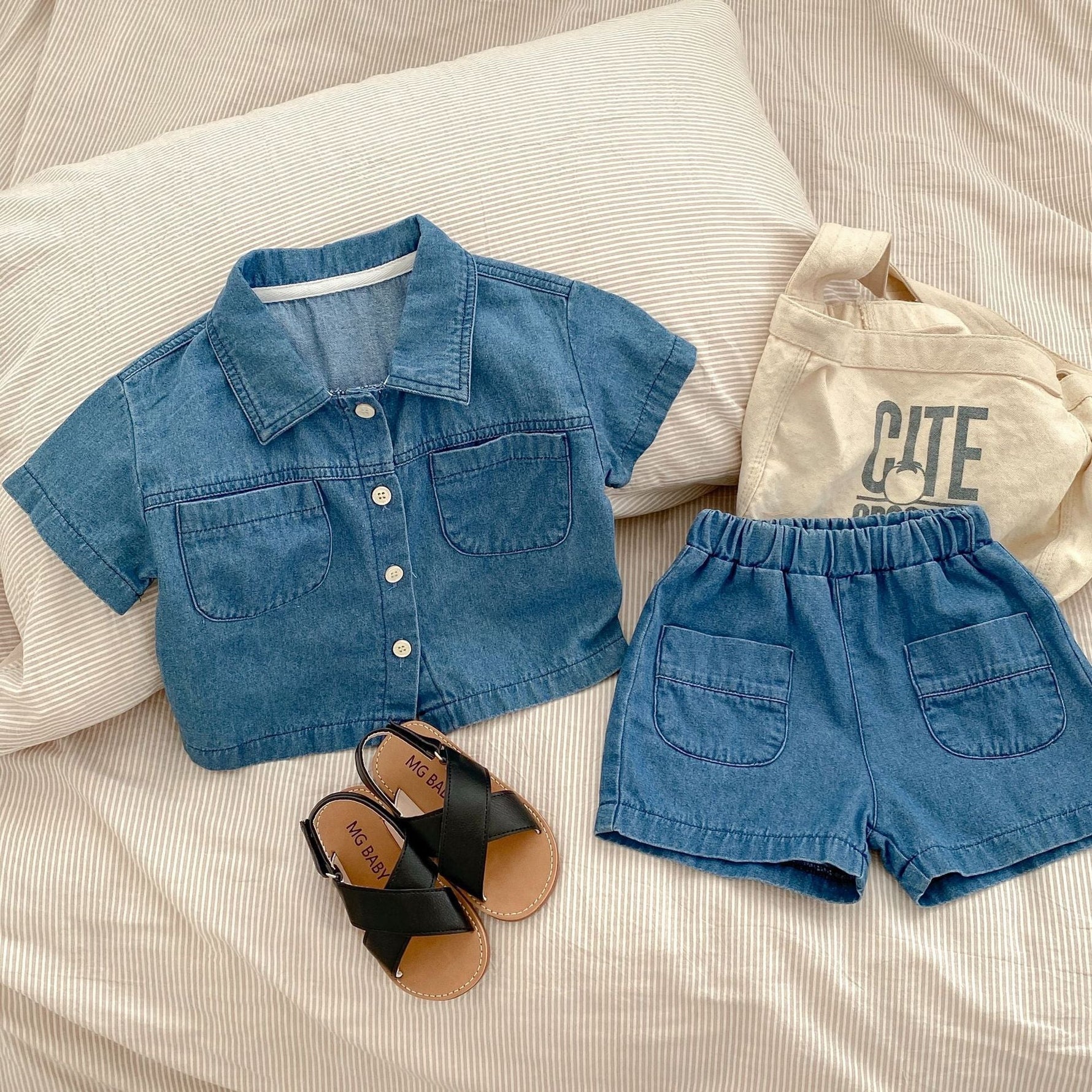 Denim Short Sleeve Pocket Top Boyshorts Baby Boy Suit - Cindi Book