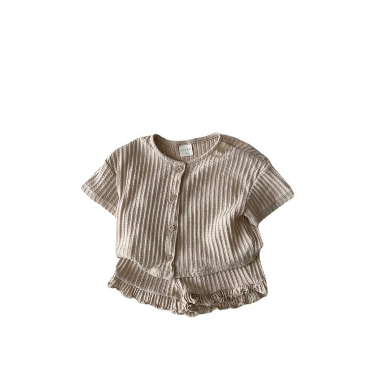 Baby Boy And Baby Girl Striped Knitted Short-sleeved Cardigan Coat Shorts Two-piece Set - Cindi Book