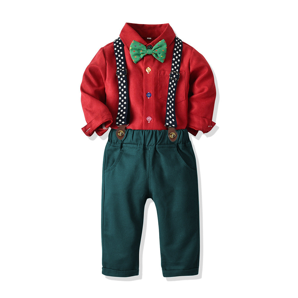 Boys' Cotton Long Sleeved Shirt And Overalls Set - Cindi Book