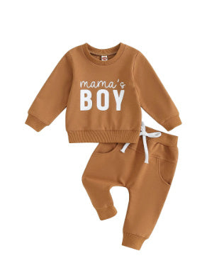 Solid Color Boy Letter Printed Round Neck Long Sleeve Trousers Set