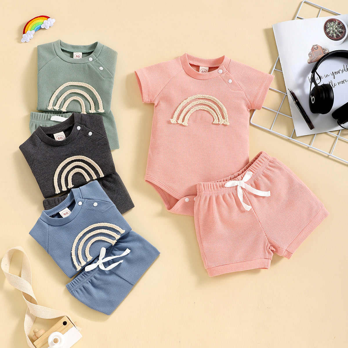 Rainbow Waffle Four-color Side Button Short Sleeve Baby Bodysuit Shorts Suit - Cindi Book