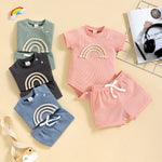 Rainbow Waffle Four-color Side Button Short Sleeve Baby Bodysuit Shorts Suit - Cindi Book