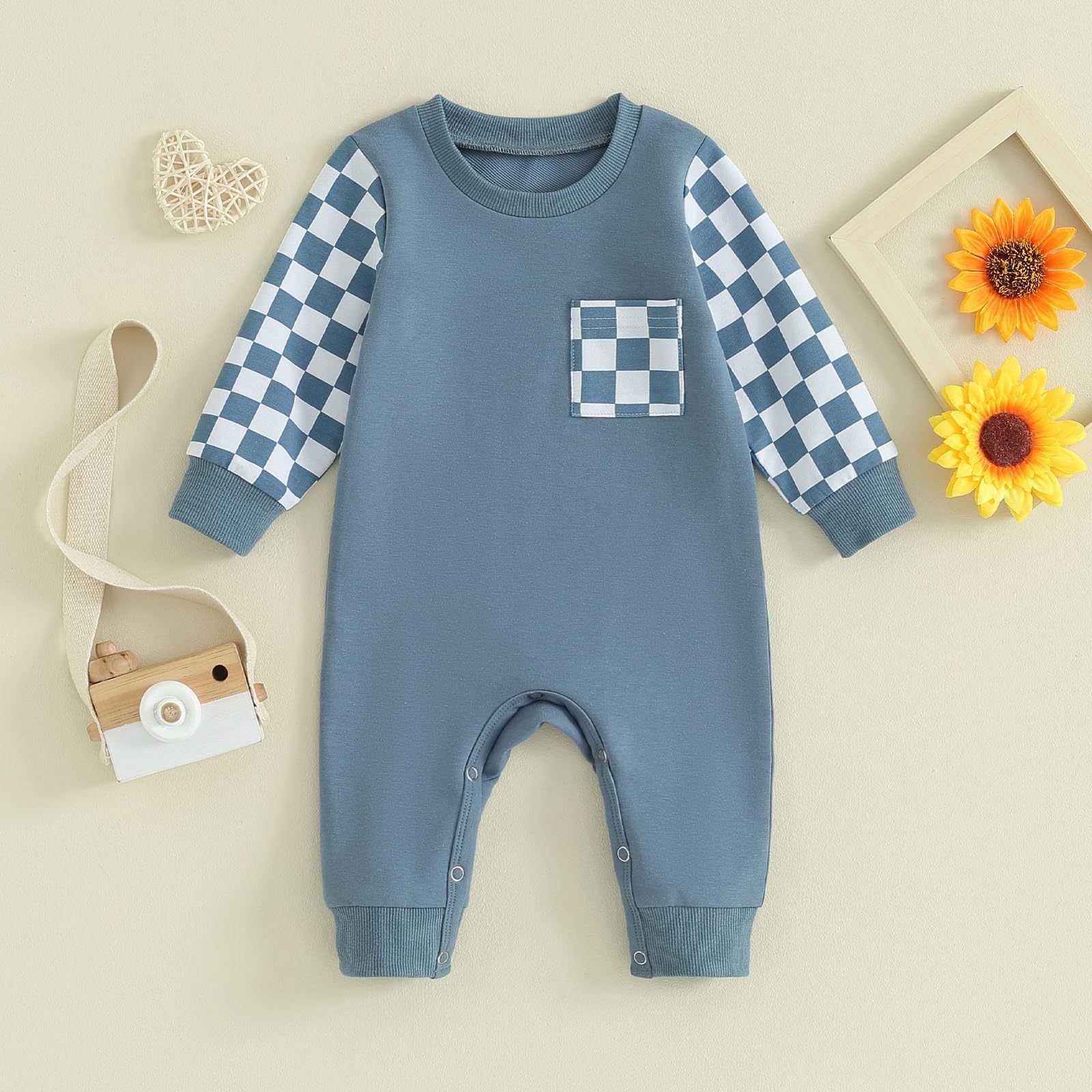 Checkerboard Plaid Color Matching Sleeve Pocket Jumpsuit - Cindi Book