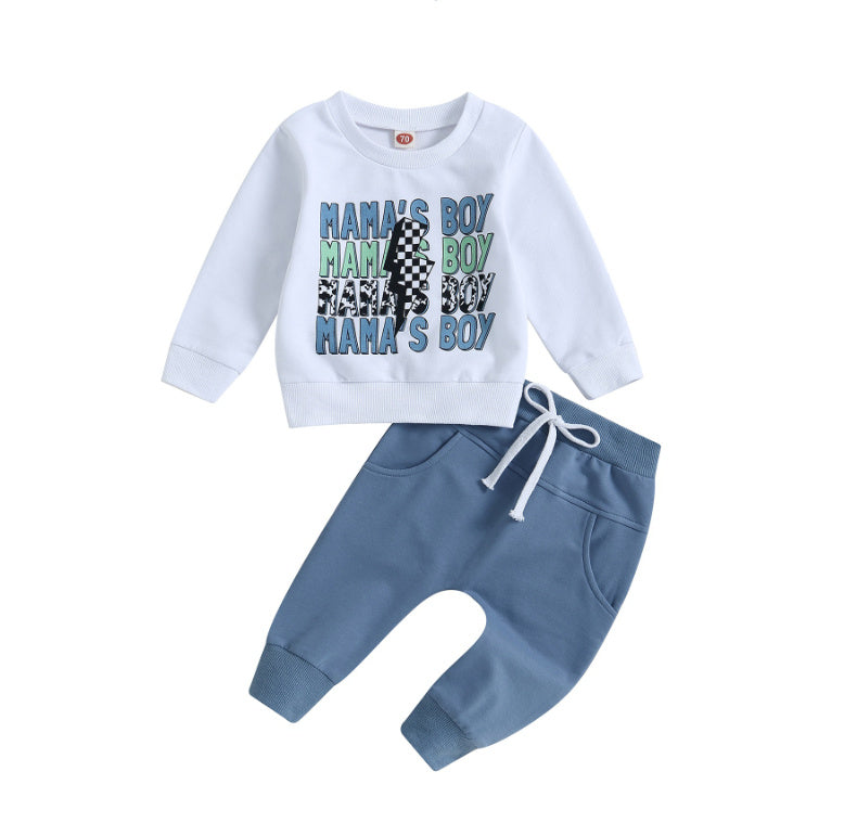Casual Boy Letter Floral Print Long Sleeve Pullover Trousers Suit - Cindi Book