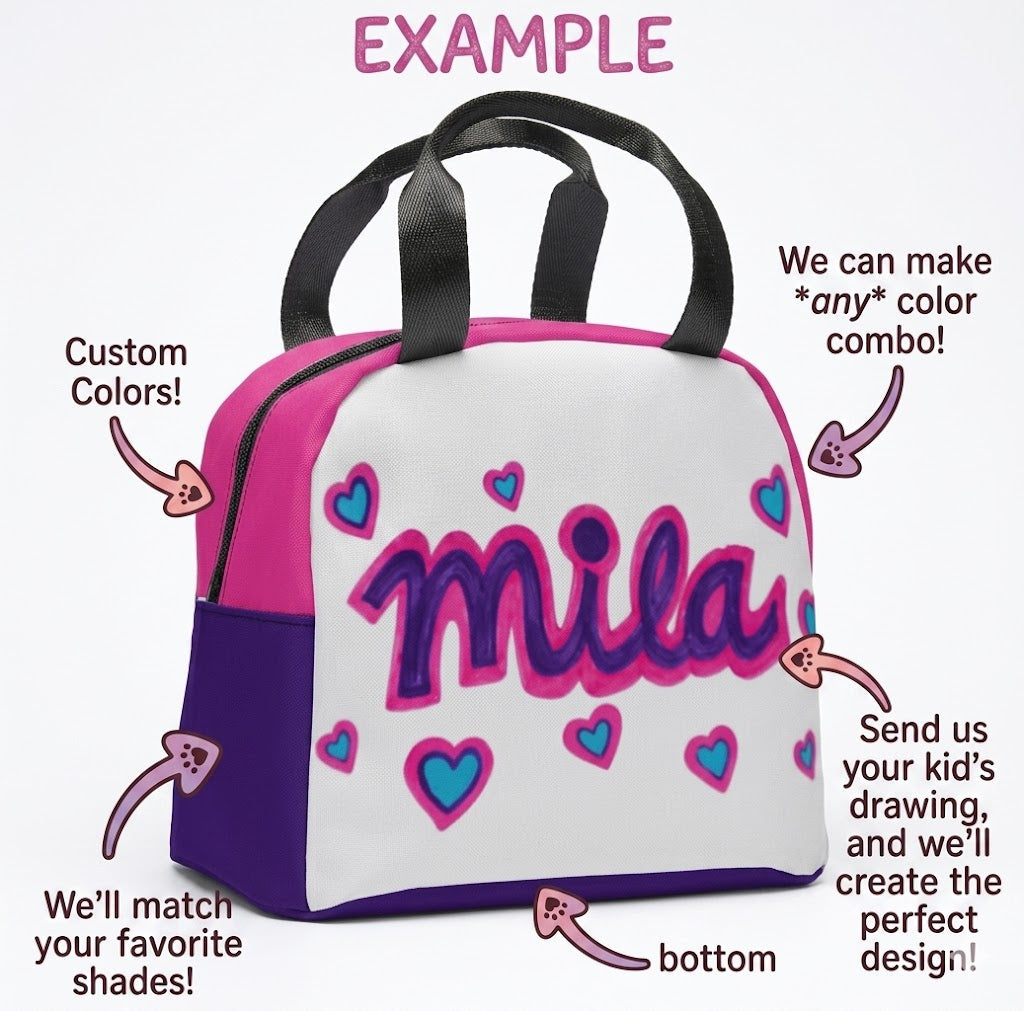 Kids Drawing Custom Insulated Lunch Tote Bag | Upload Their Artwork, Choose Your Colors | Personalized Back to School Gift