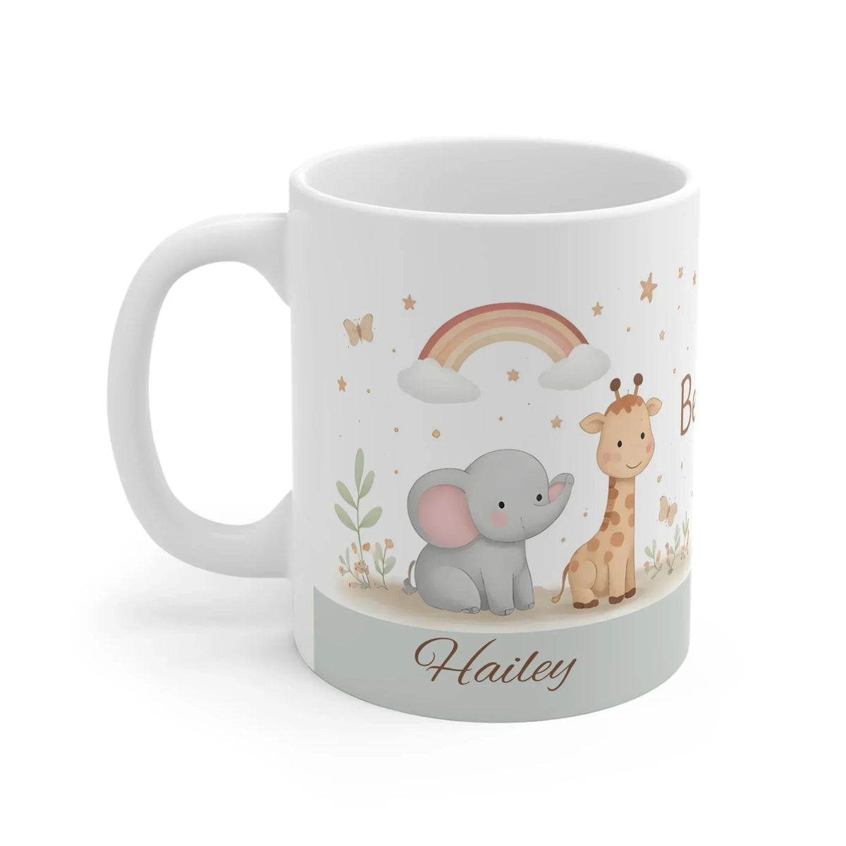 Personalized Be Happy Safari Mug | Custom Name | Baby Elephant Giraffe Boho Rainbow Ceramic Gift