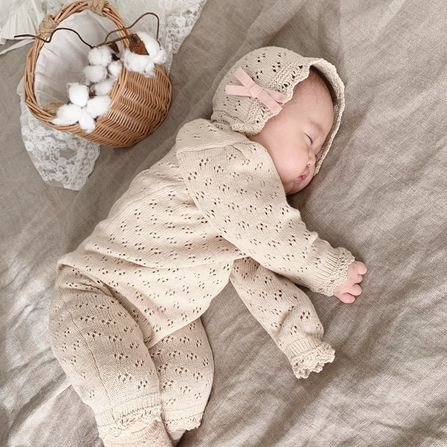 Knitted Hollow Jumpsuit Baby Girl Lace Long-sleeved Romper With Hat - Cindi Book