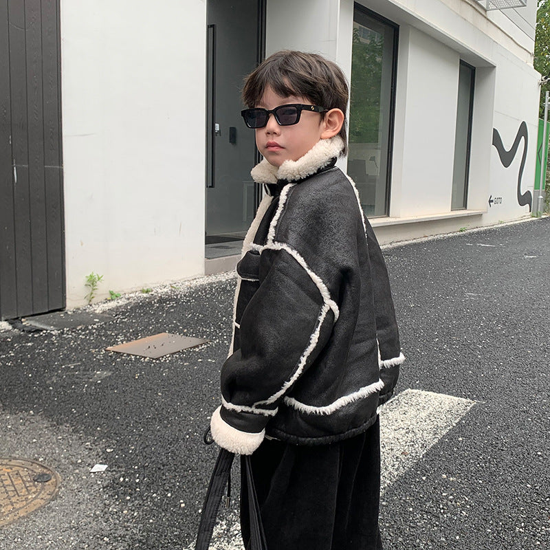 Boys Leather Jacket Fleece Padded Coat Autumn and Winter Clothing