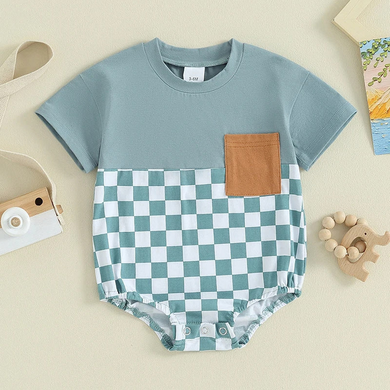 Baby Summer Jumpsuit Waffle Patchwork Pocket Short Sleeve - Cindi Book