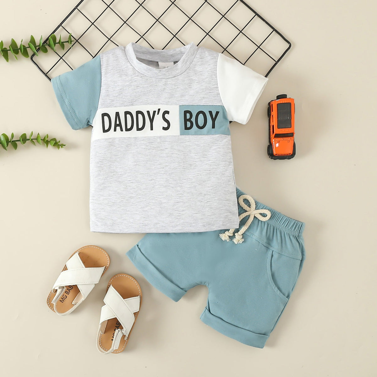 Boys' Casual Sports Suit Color Matching Short-sleeved Letter T-shirt Shorts Two-piece Set - Cindi Book