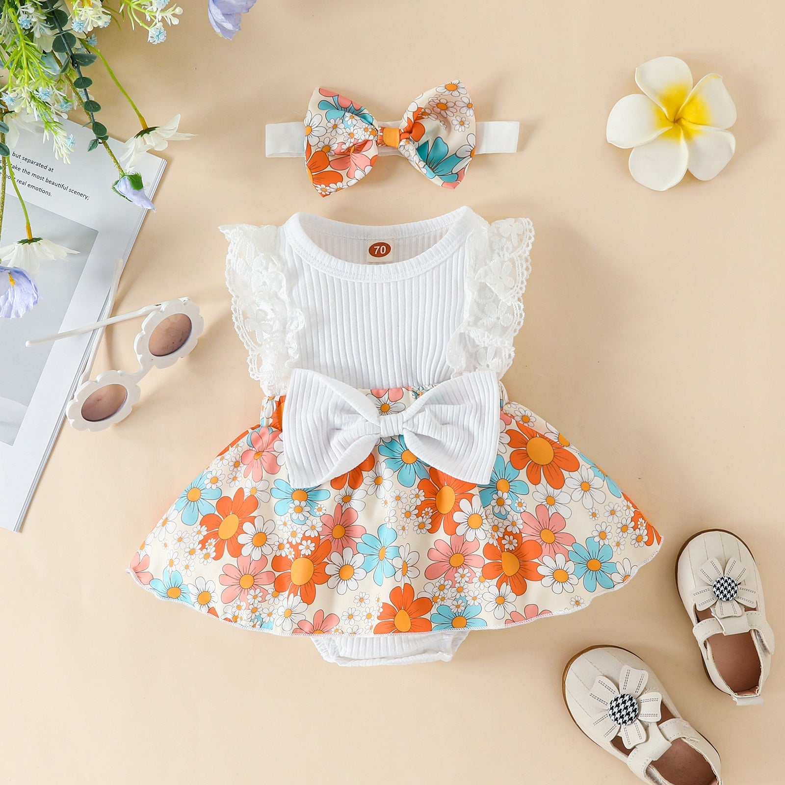 Sleeve Stitching Flower Print Romper - Cindi Book