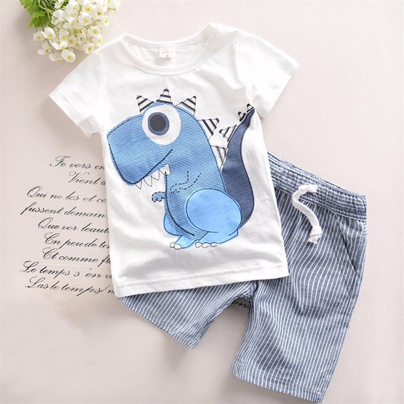 Boy Cartoon Dinosaur Short Sleeve Stripe Shorts Set - Cindi Book