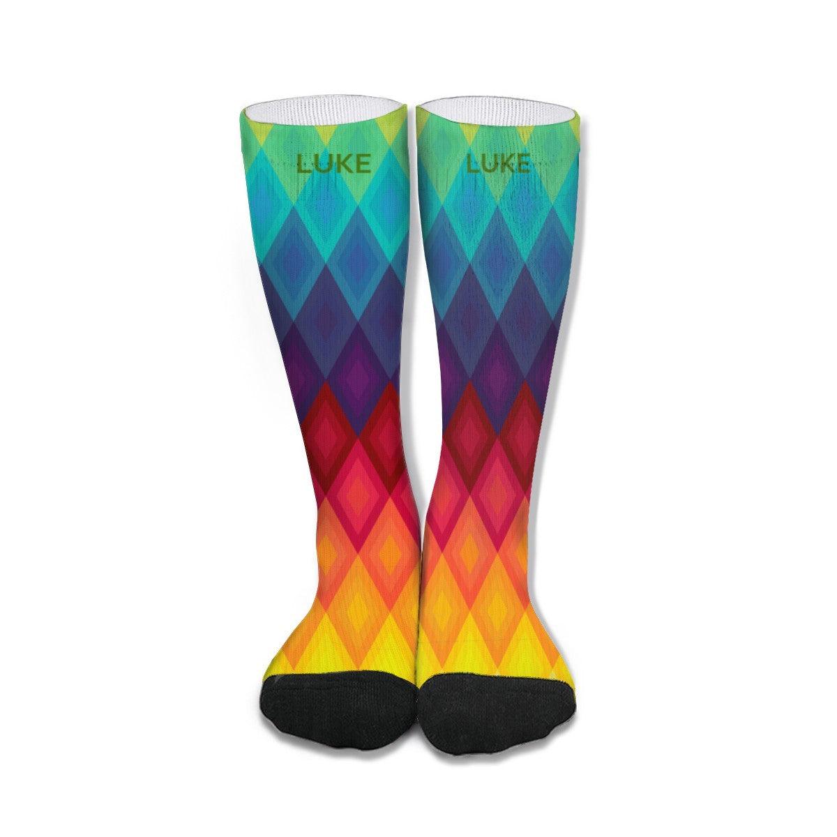 Personalized Rainbow Diamond Socks | Custom Name Knee-High Socks | Colorful Gift