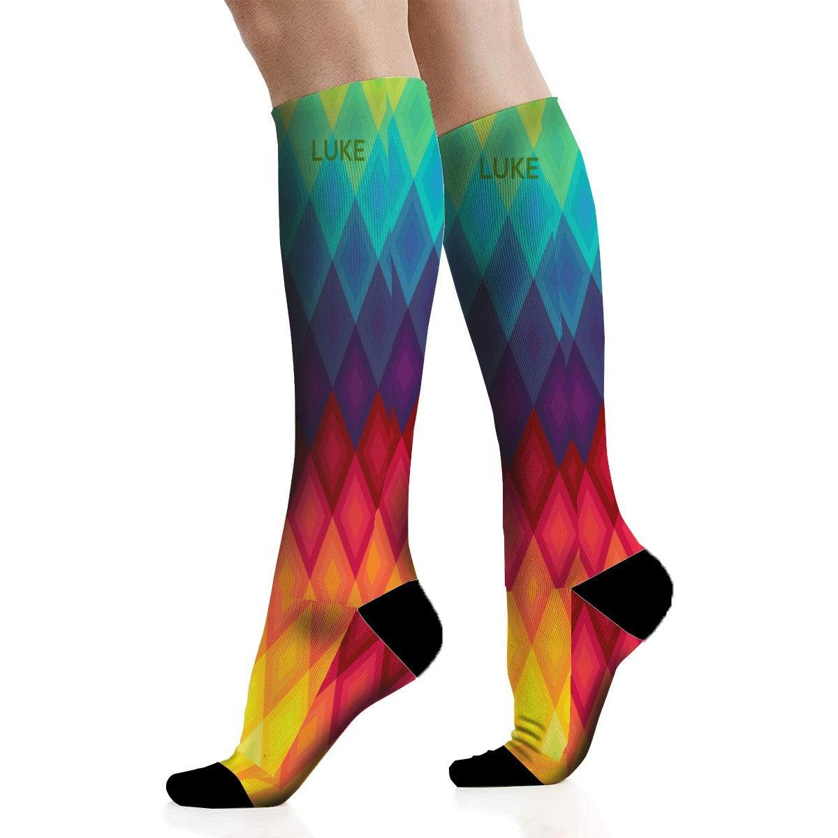 Personalized Rainbow Diamond Socks | Custom Name Knee-High Socks | Colorful Gift