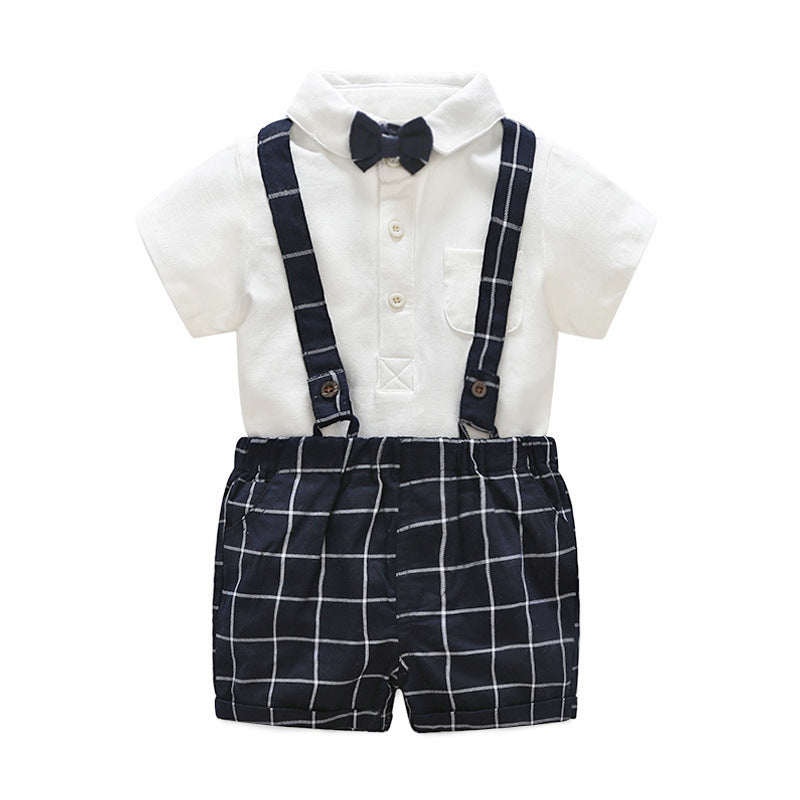Children's Short-sleeved Knitted One-piece Romper Sheath Romper Plaid Suspender Pants - Cindi Book