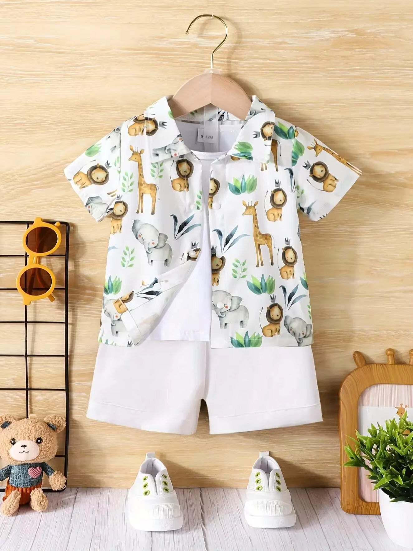 Baby Short Sleeve Shorts Cardigan Two-piece Set Animal Dinosaur Print - Cindi Book