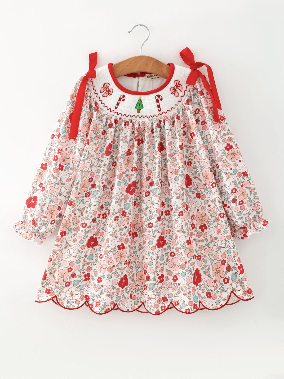 Rylee Faith Designs - Christmas Red Floral Girls Dress Candy Cane Bow Embroidery Dress