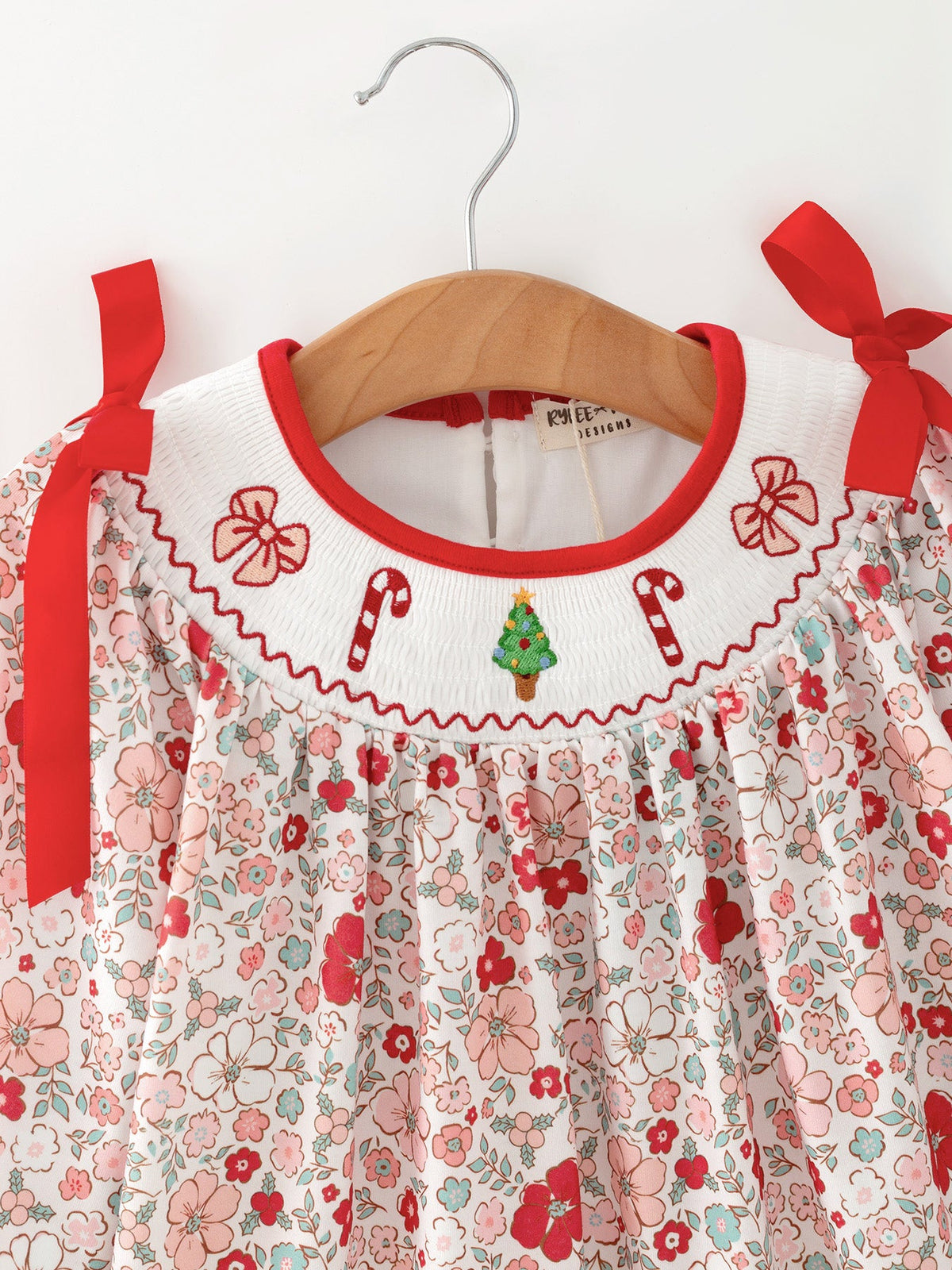 Rylee Faith Designs - Christmas Red Floral Girls Dress Candy Cane Bow Embroidery Dress - alternate view 4