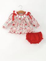 Rylee Faith Designs - Christmas Red Floral Baby Girl Outfit Set Embroidery Bloomer Set