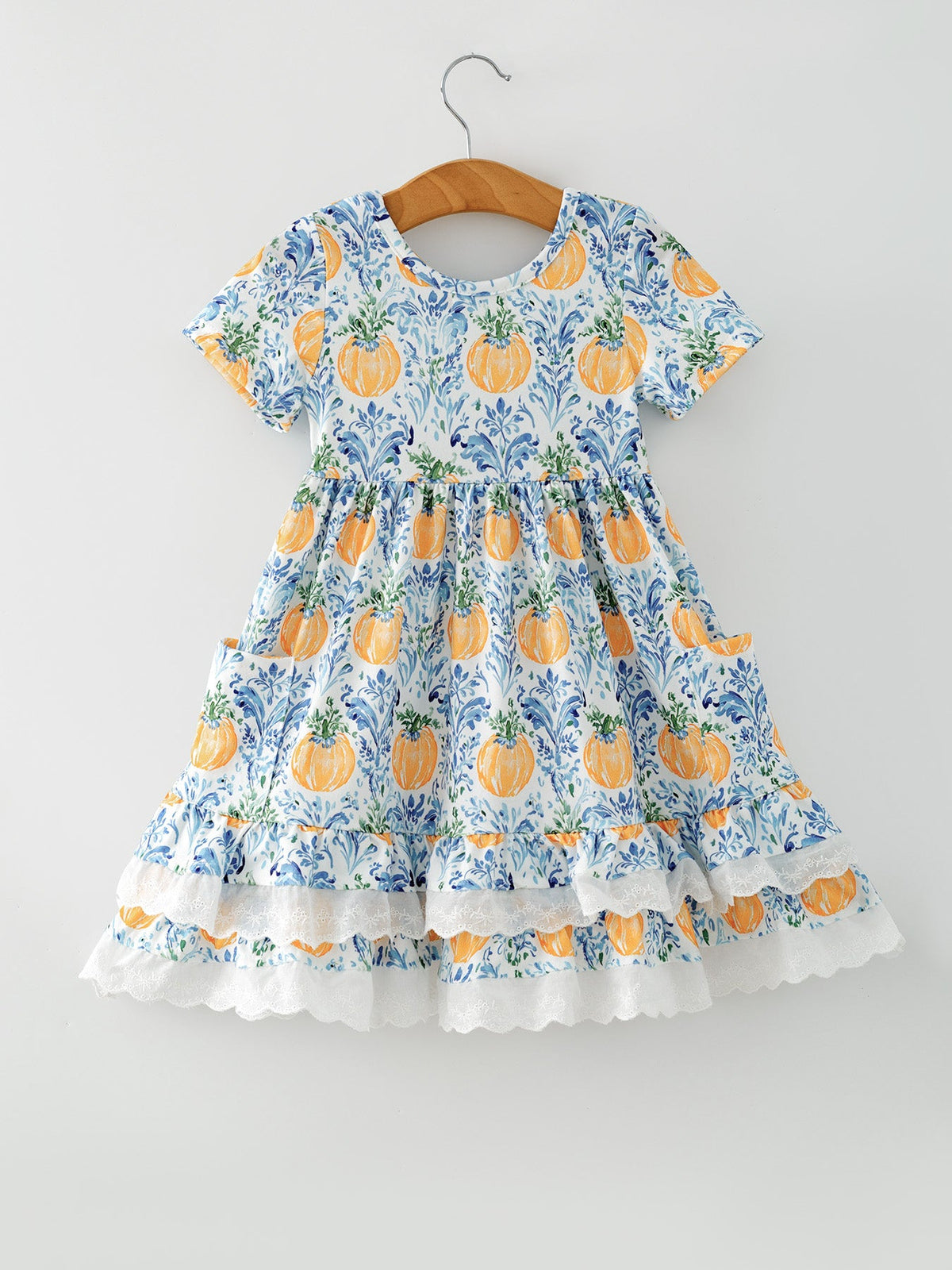 Rylee Faith Designs - Fall Girls Pumpkin Patch Dress Lace Trim with Pockets - alternate view 6