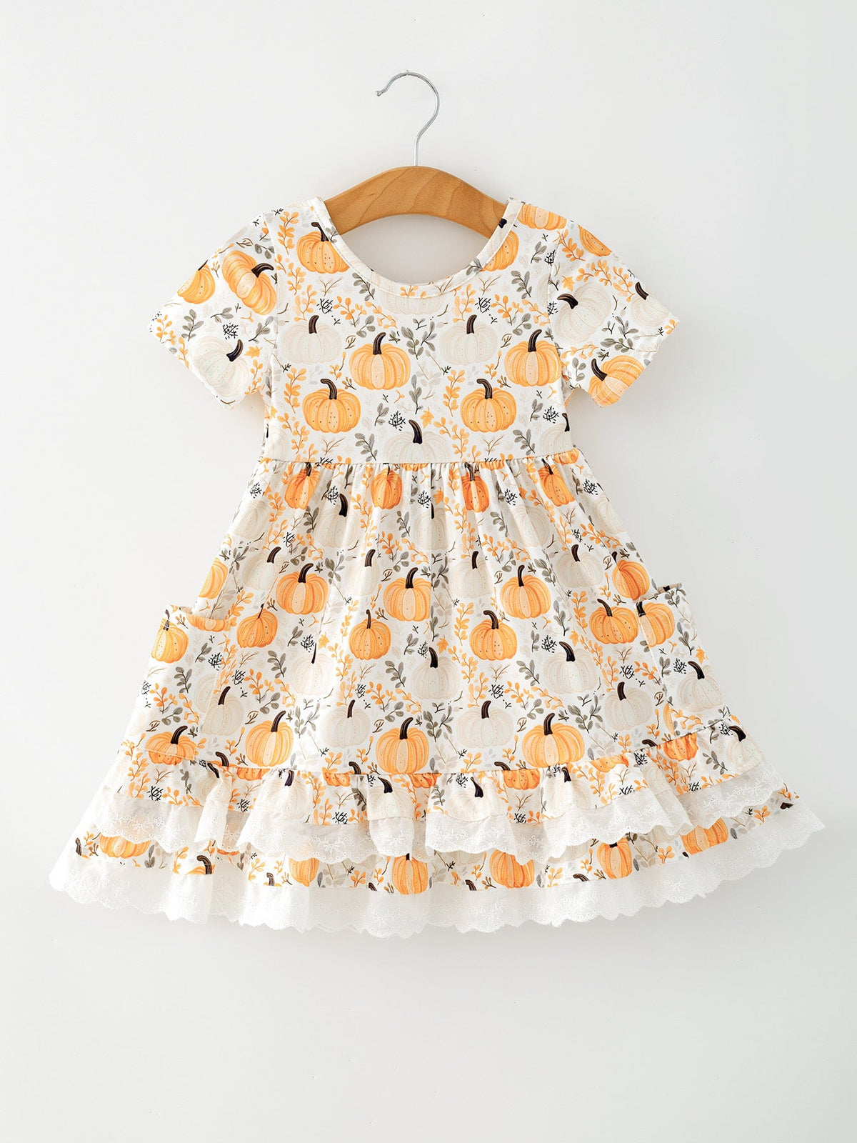 Rylee Faith Designs - Fall Orange Girls Pumpkin Patch Pockets Dress Lace Trim - alternate view 2
