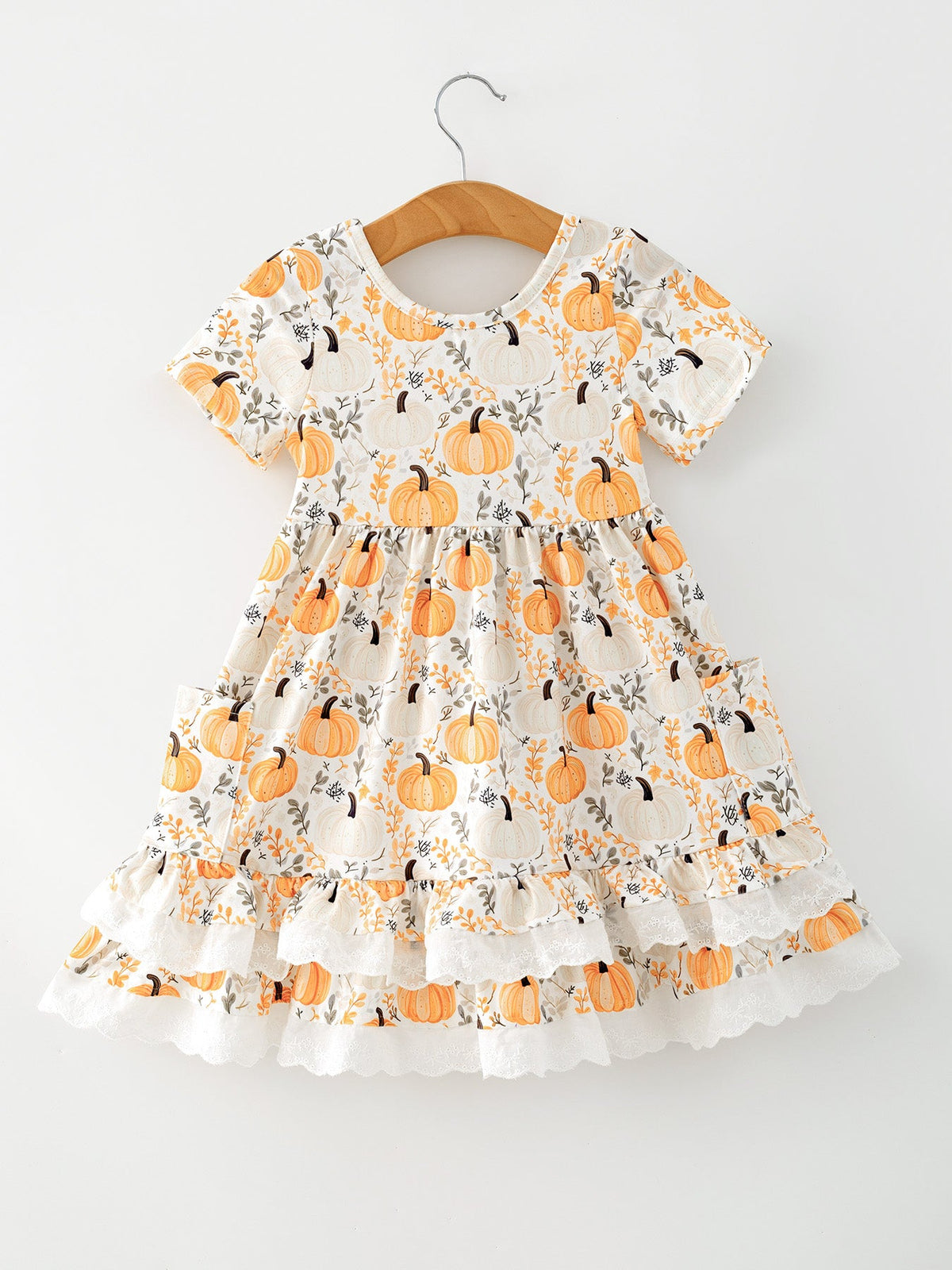 Rylee Faith Designs - Fall Orange Girls Pumpkin Patch Pockets Dress Lace Trim