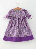 Rylee Faith Designs - Purple Floral Girls Dress Bow Petal Collar Ruffle Hem Dress