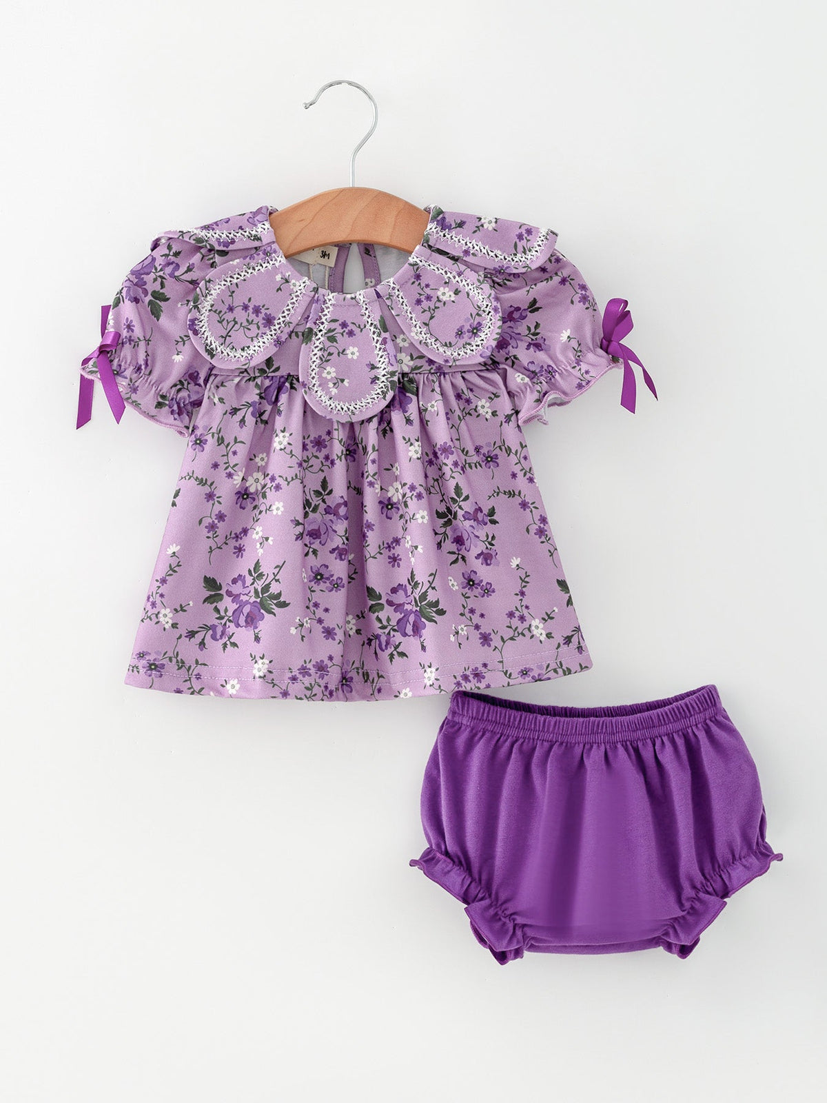 Rylee Faith Designs - Floral Girls Outfit Set Purple Puff Sleeve Top Bloomers Set