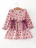 Rylee Faith Designs - Fall Purple Rose Floral Girl Dress Bow Ruffle Long Sleeve Scalloped Hem