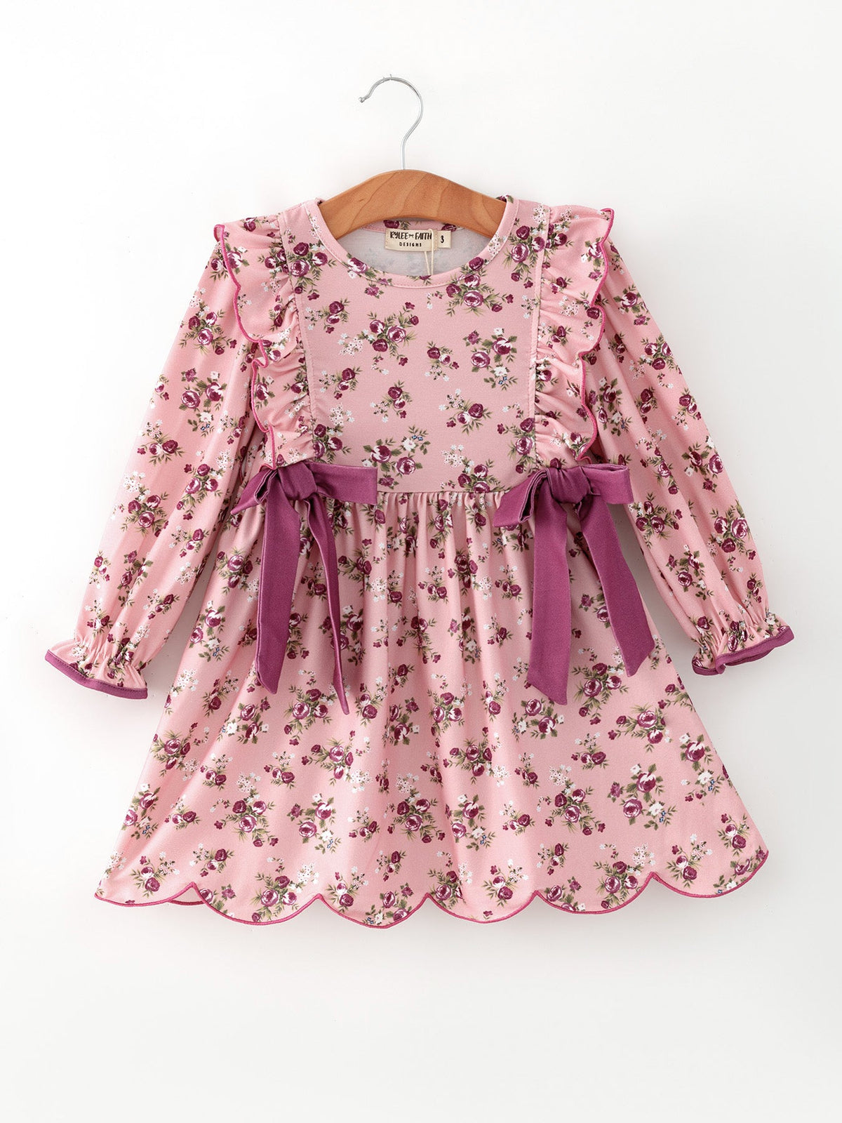 Rylee Faith Designs - Fall Purple Rose Floral Girl Dress Bow Ruffle Long Sleeve Scalloped Hem