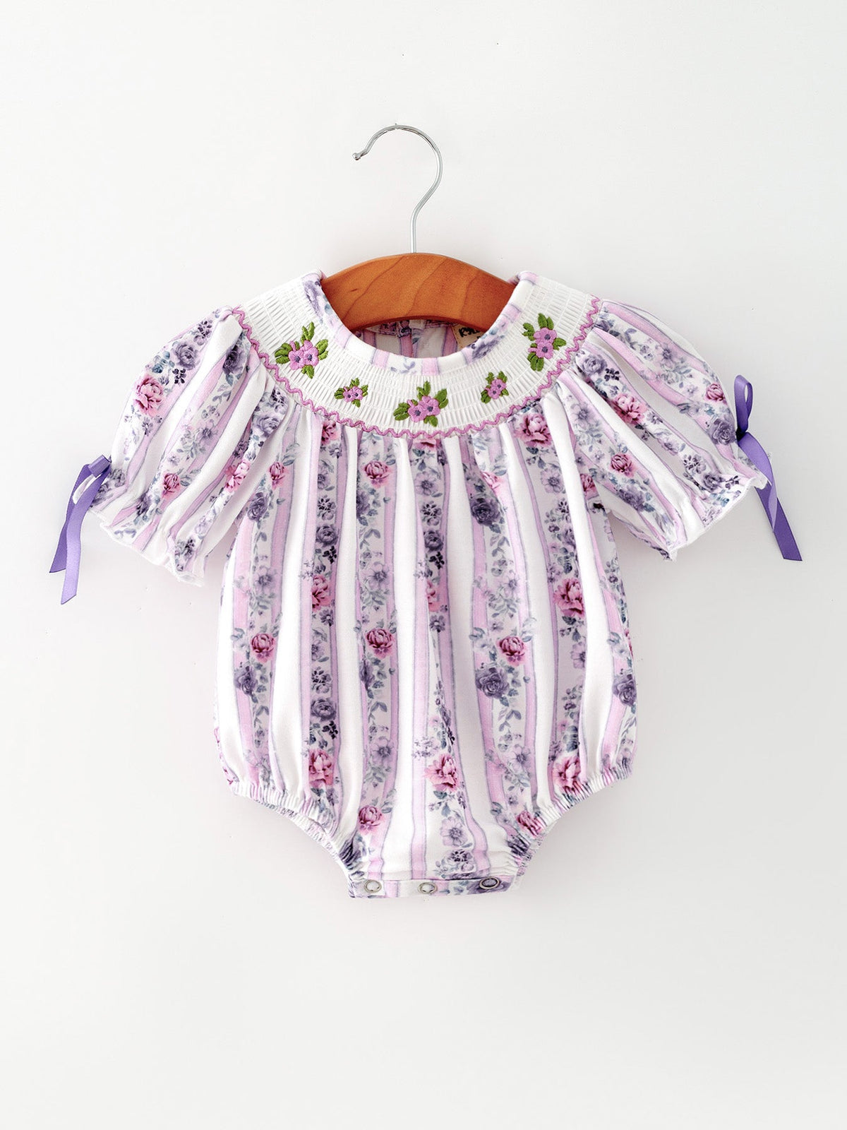 Rylee Faith Designs - Fall Purple Floral Smocked Embroidered Baby Girl Romper
