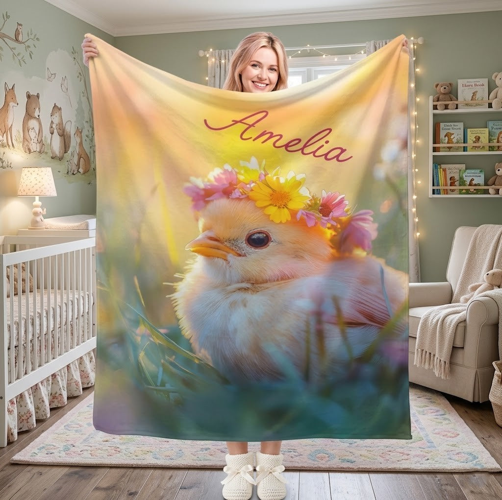 Personalized Baby Blanket with Name | Fluffy Bird Flower Crown Design | Custom Baby Shower & Easter Gift