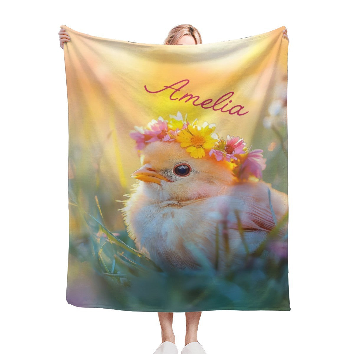 Personalized Baby Blanket with Name | Fluffy Bird Flower Crown Design | Custom Baby Shower & Easter Gift
