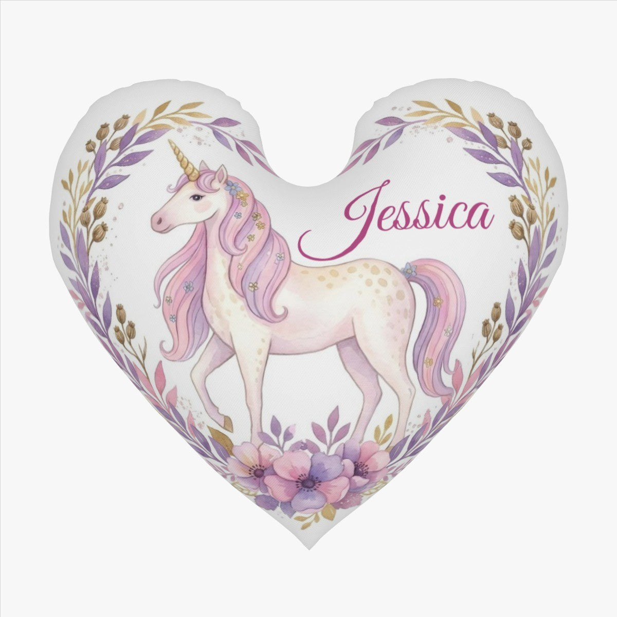 Personalized Unicorn Heart Pillow with Name | Full-Body Watercolor Unicorn, Pink Ombré Mane, Purple Botanical Garland Border | Custom Gift for Girls