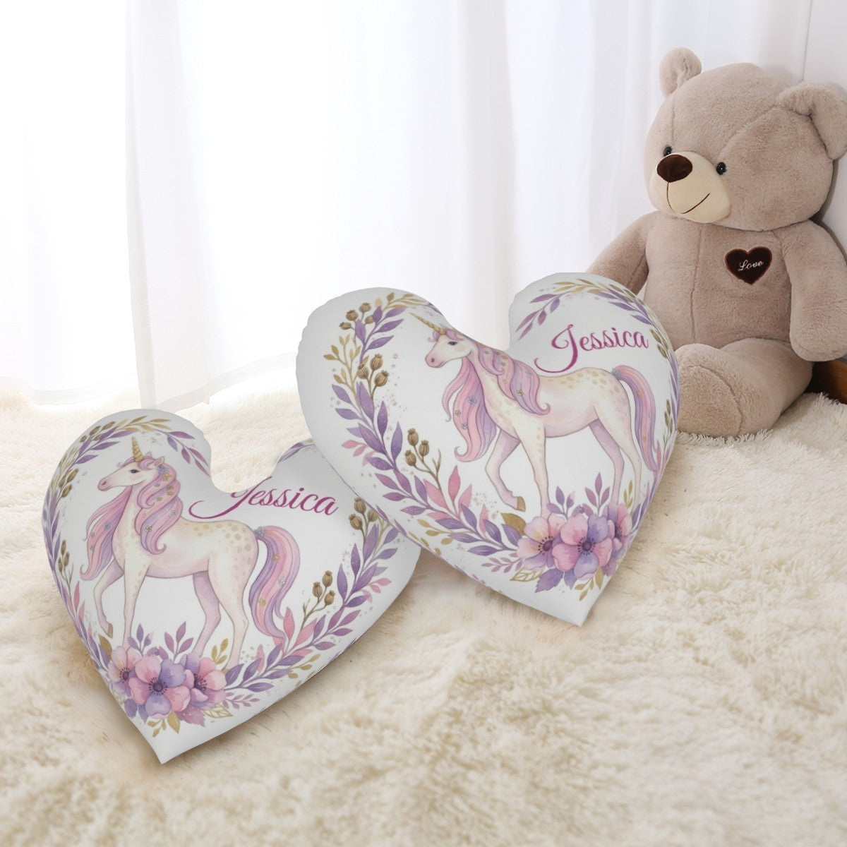 Personalized Unicorn Heart Pillow with Name | Full-Body Watercolor Unicorn, Pink Ombré Mane, Purple Botanical Garland Border | Custom Gift for Girls