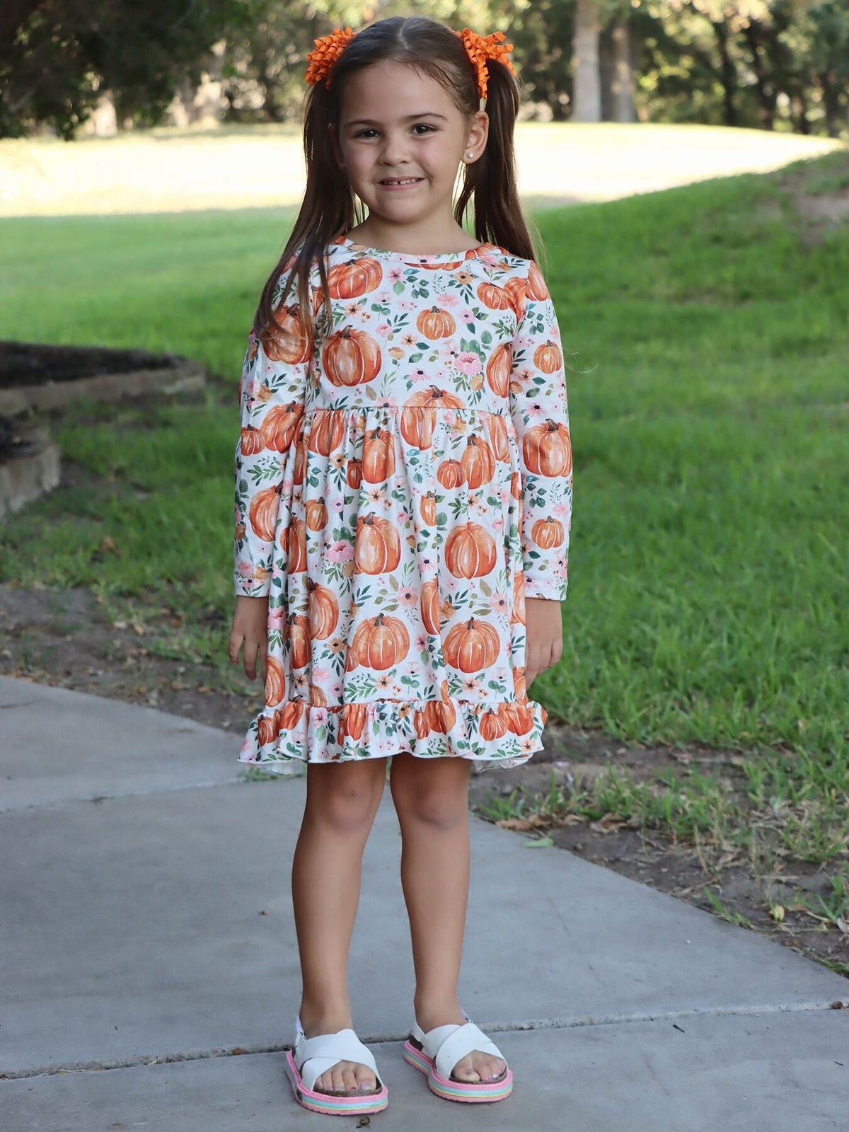 Rylee Faith Designs - Girls FALL Pumpkin Print Long Sleeve Dress