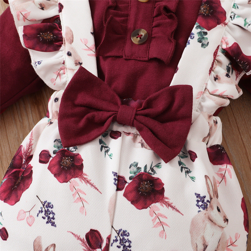 Long-sleeve Jumpsuit Floral Suspender Pants Headscarf Three-piece Set - Cindi Book