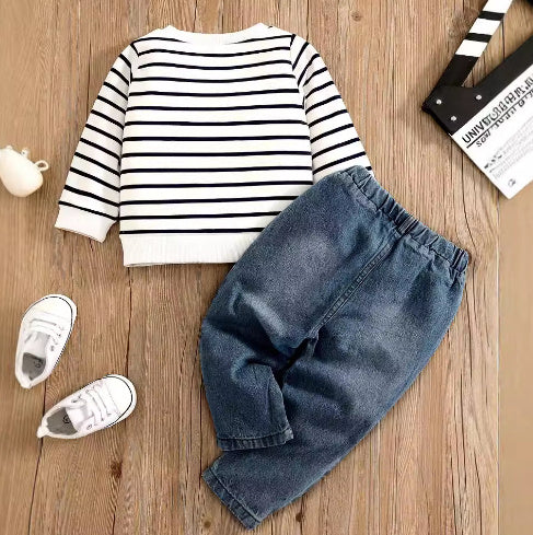 Children's Baby Set Embroidered Striped Long Sleeve Jeans Set